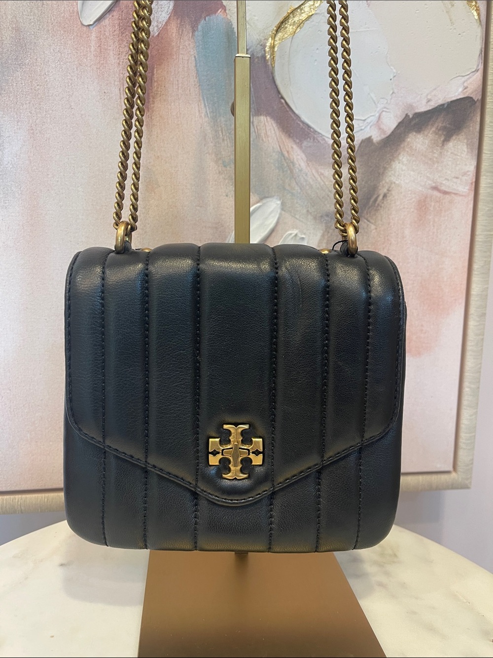 Tory Burch Black Quilted Leather Shoulder Bag with Gold Chain